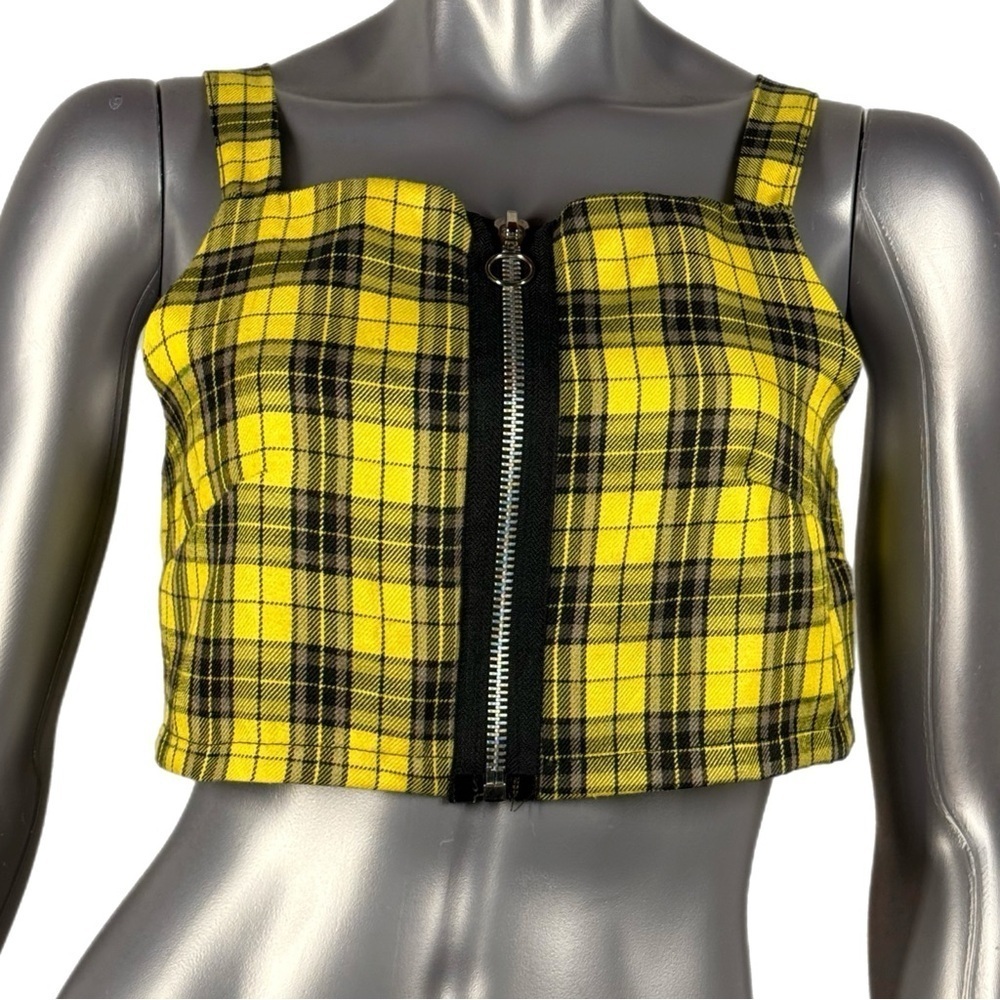 The Ragged Priest | Yellow Black Plaid Zip Up Crop Tank Top - Picture 2 of 12
